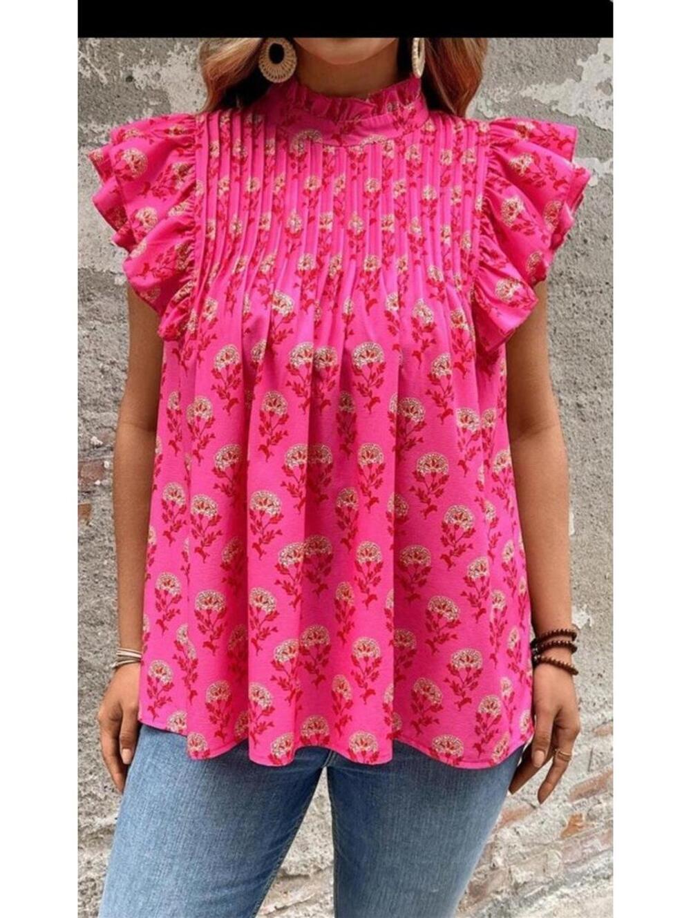 SHEIN Hot Pink Floral Sleeveless Pleated Ruffle Blouse. Size XL. Summer. - Picture 3 of 11